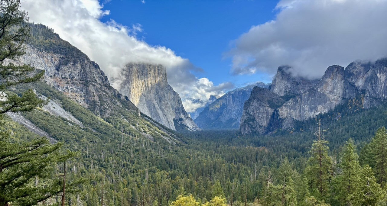 Wide valley view of a dense pine forest with towering granite cliffs and cloud-covered peaks under a bright blue sky. Photo by Jason Evangelho at the famous "Tunnel View" in Yosemite National Park.