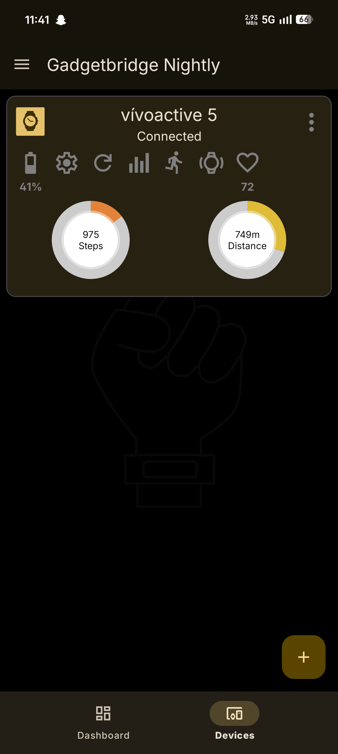 Screenshot of gadgetbridge nightly showing 975 steps and 749 meters distance synced from a vivoactive 5