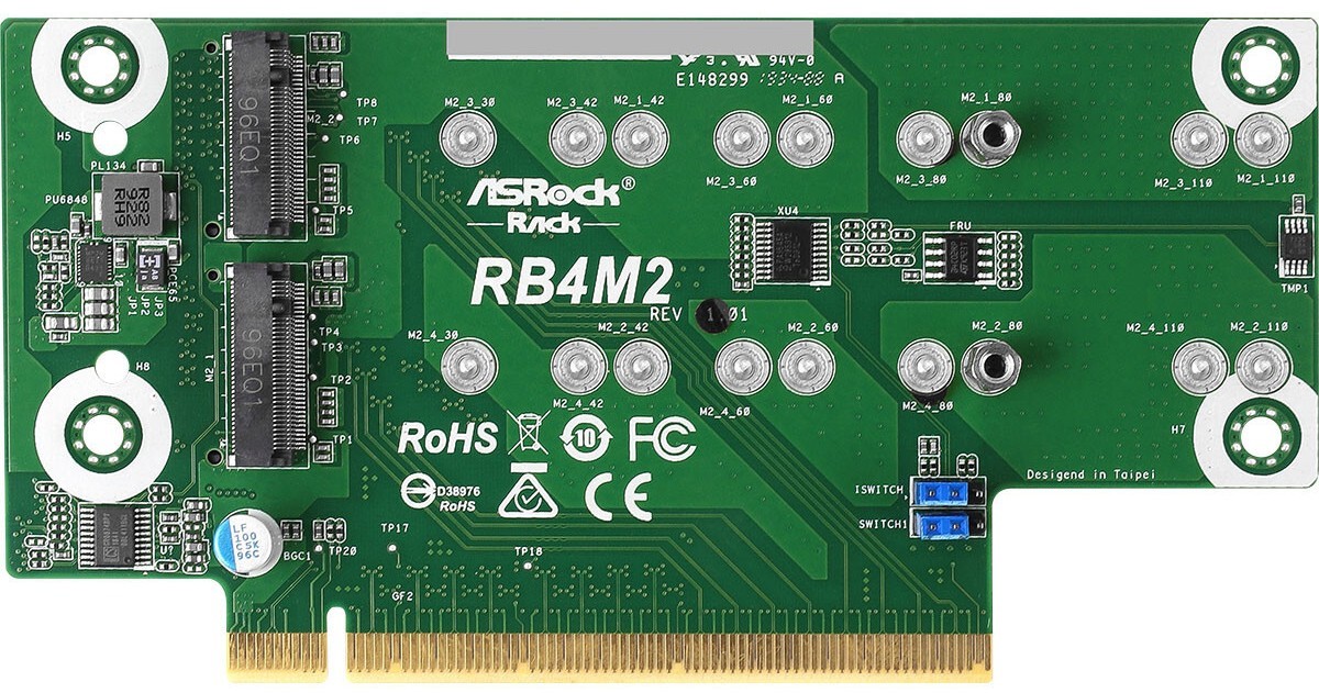 ASRock Rack RB4M2 holds 4 M.2 NVME SSDs, requires 4x4 (x4x4x4x4) PCIe Bifurcation