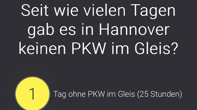 Seit wie vielen Tagen
gab es in Hannover
keinen PKW im Gleis?
1 Tag ohne PKW im Gleis (25 Stunden)